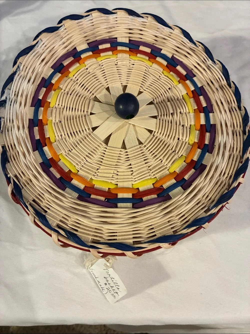 Handwoven Tortilla Basket Natural Wicker Basket Multicolor Accent Lid Wood Knob